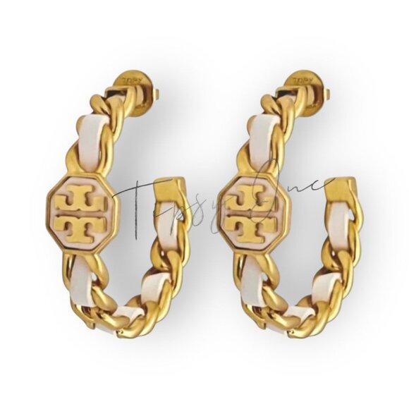 Tory Burch Marion Woven Gold and White Leather Earring & Bracelet Set - Picture 4 of 4